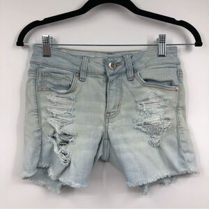 American Eagle Womens Next Level Stretch Light Wash‎ Midi Shorts Destructed 2